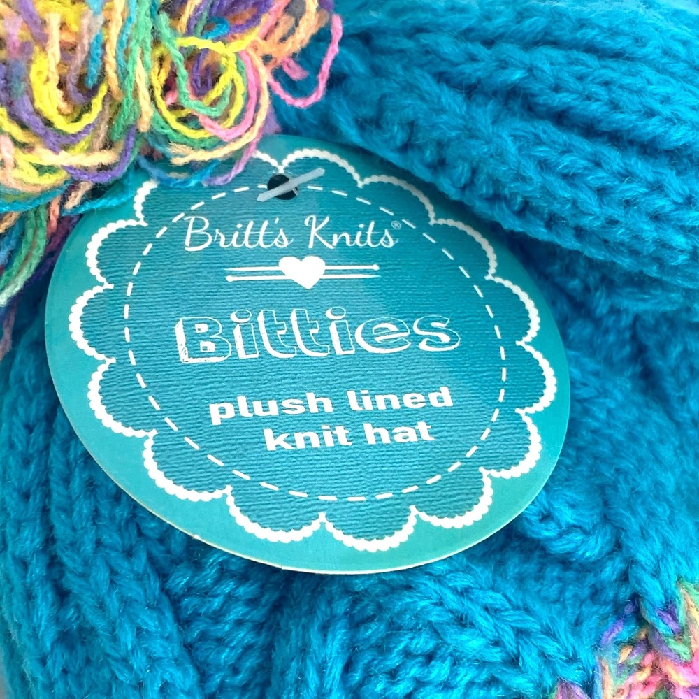 Britt's Knits Bitties Plush Lined Knit Hat Pom Pom Rainbow Blue Purple NEW WTags - Picture 2 of 4